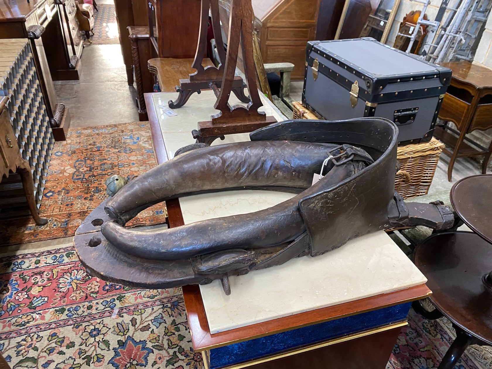 A late Georgian leather barge horse harness, height 78cm